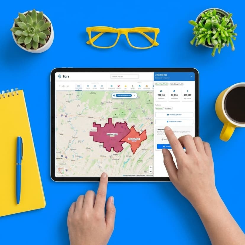 AI-generated product showcase of a territory mapping app on a tablet with lifestyle props