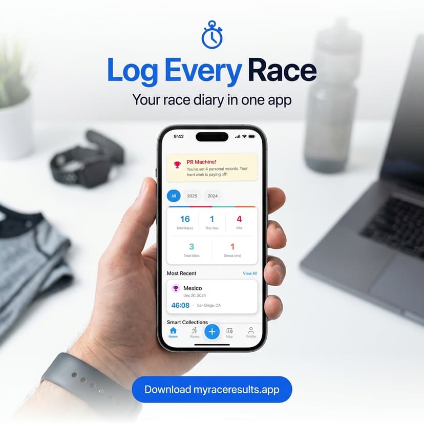 AI-generated app promotion visual showing a race tracking mobile app with clean design